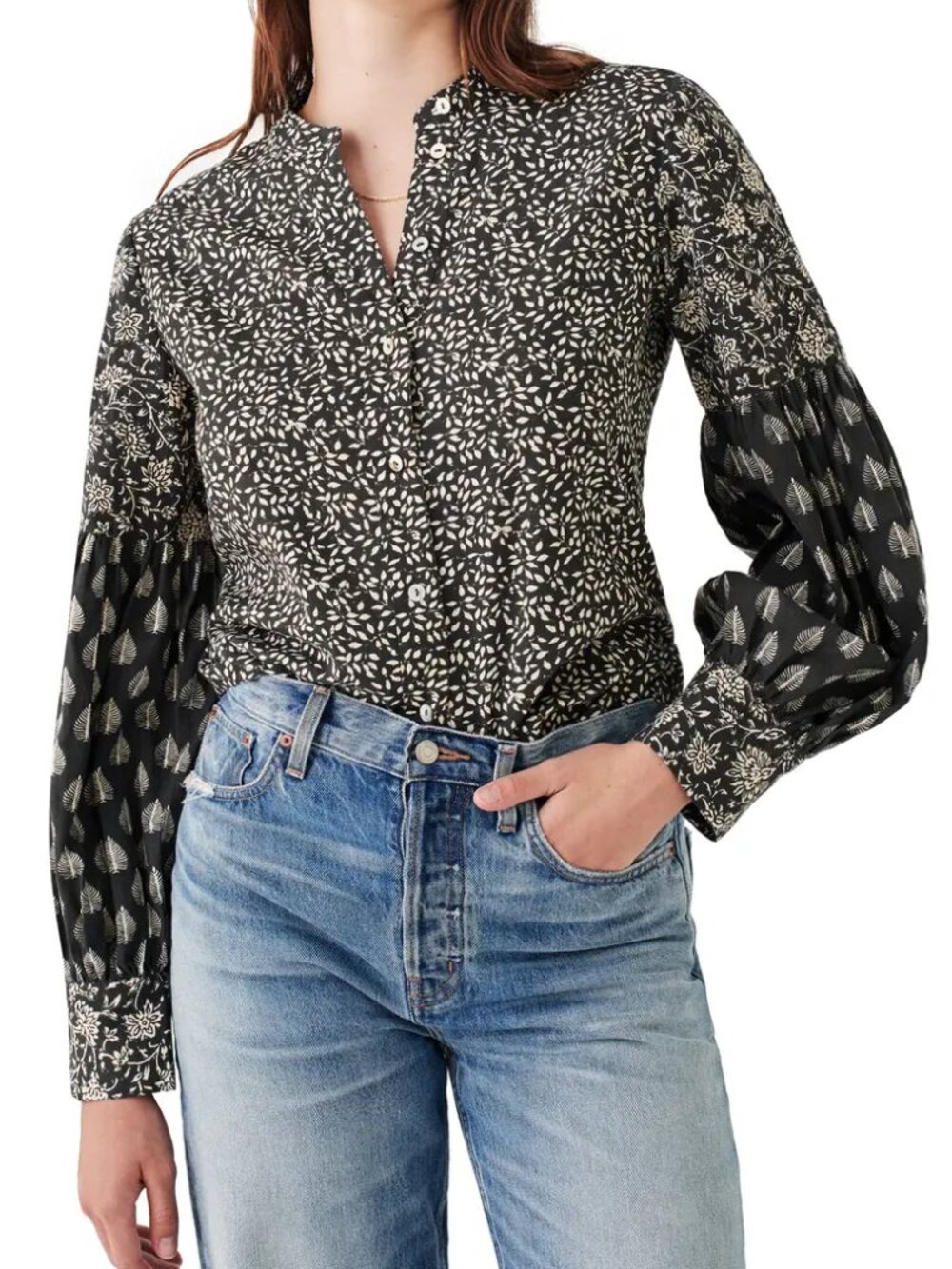 Faherty Adalyn Mix Batik Organic Cotton Button-Up Shirt Leaf Batik Blouse Size M